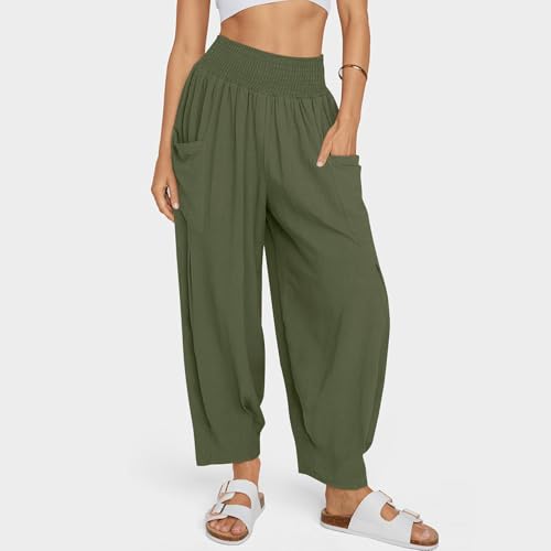 Linen Harem Pants Women with Pockets Boho Summer Casual Loose High Waist Cargo Lounge Beach Travel Vacation Outfits2