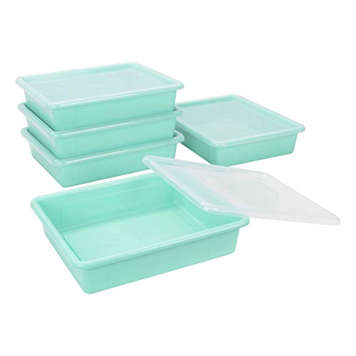 Image of Storex Letter Size Flat Storage Tray - Organizer Bin with Non-Snap Lid for Classroom, Office and Home, Teal, 5-Pack (62541U05C)