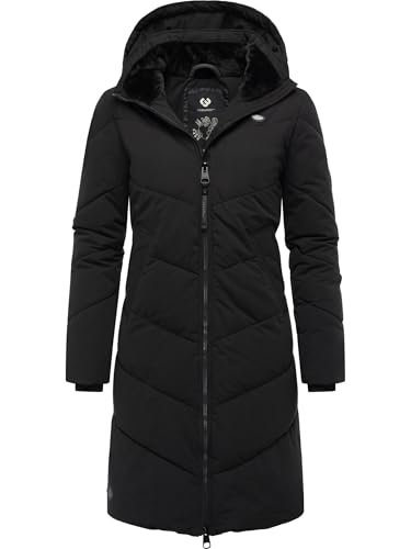 Ragwear Damen Wintermantel warmer wasserdichter Steppmantel lang mit abnehmbarer Kapuze Rebelka Black22 Gr. L