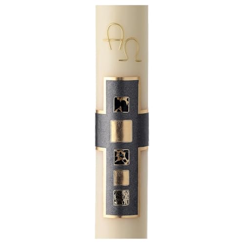 Modern Paschal Candle, Ivory-Coloured, Blue Cross with Golden Decorations, 30x3 in