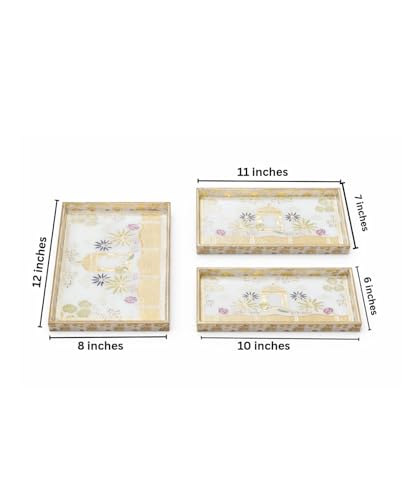 Image of Wooden Enamel Coated Serving Tray Set of 3 for Home Decor Multipurpose Rectangular Trays for Kitchen Living Room and Coffee Table with Printed Design (C-2)
