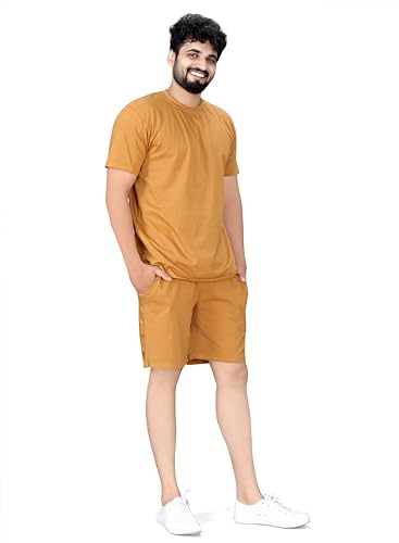 Image of ELLITI Cotton Blend Solid Casual Round Neck Half Sleeve Oversized Co-ord Set Men's, Pyjama Set, Sleepwear Loungewear T-Shirt and Shorts Combo for Men, Night Wear for Men, Night Suit for Men's