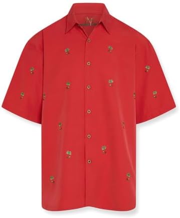 Bamboo Cay Christmas Button Down Shirts for Men, Embroidered Shirt with Christmas Trees, Hawian Short Sleeve Shirt for Men