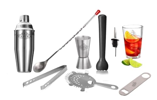 Image of Taluka 8 Pc Stainless Steel Cocktail Shaker Set 750 ML Strainer Muddler Jigger /Peg Measure Ice Tong Mixing Spoon Opener Pourer Bartender Kit Bar Set Housewarming Gift