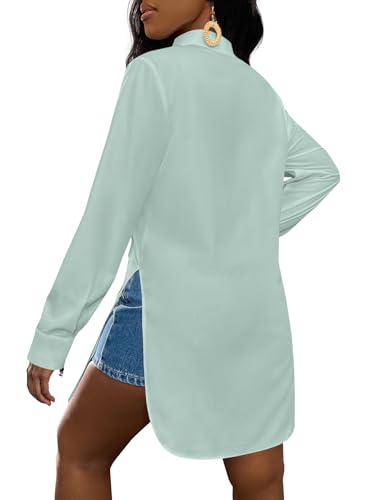 Image of LYANER Women's Collar Neck Long Sleeve Button Down Shirts Sexy Split Hem Tops Long Blouse Shirt Dress