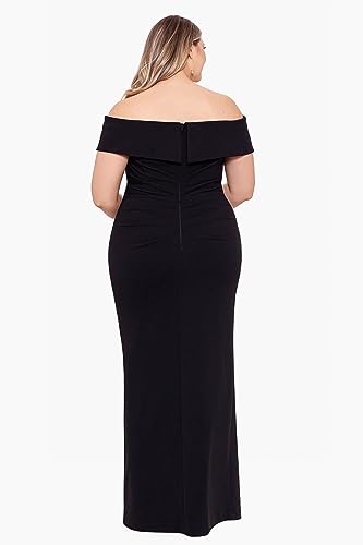 Image of Xscape Women's Plus Size Off Shoulder Straight Neck Evening Gown with Foldover Cuff, Side Ruffle, Leg Slit, Fitted Formal Dress, Black, 14W