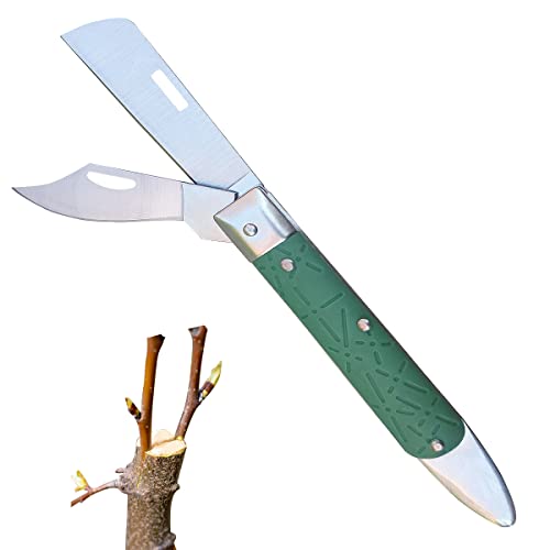 XiXiRan Gartenmesser Klappbar, Pflanzen Gartenarbeit Veredelungsmesser, Pfropfmesser, Gartenmesser Aus Edelstahl, Okuliermesser mit Doppelklingen, Astmesse Okuliermesser für Obstbäume（Grün）