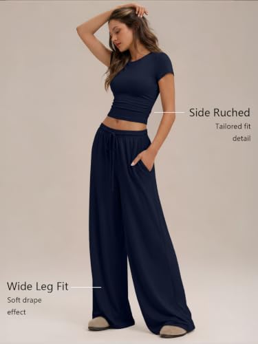 Image of Trendy Queen 2 Piece Matching Summer Lounge Set Womens Side Ruching Top Wide Leg Pants Sets with Pockets