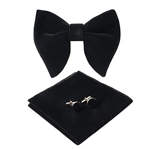 HOULIFE Bow Tie Set for Men  Adjustable Velvet Pre-tied Bowtie, Solid Colour Pocket Square, Cufflinks Set for Groom Wedding Party Formal with Gift Box (Black)