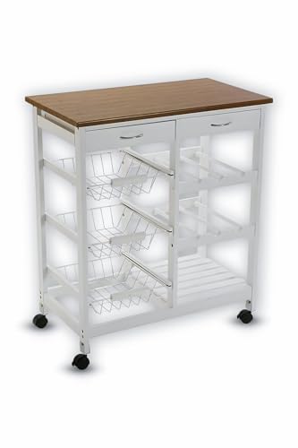 HYGRAD Kitchen Trolley MDF Top sland Dining Cart Worktop Basket Storage Lockable Wheels Rolling Kitchen Portable Island Kitchen Trolley with Drawers and Open Shelf (White)