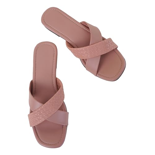 Image of Women's Cross Strap Textured Flat Sandals - Stylish and Comfortable Slip-On Flats