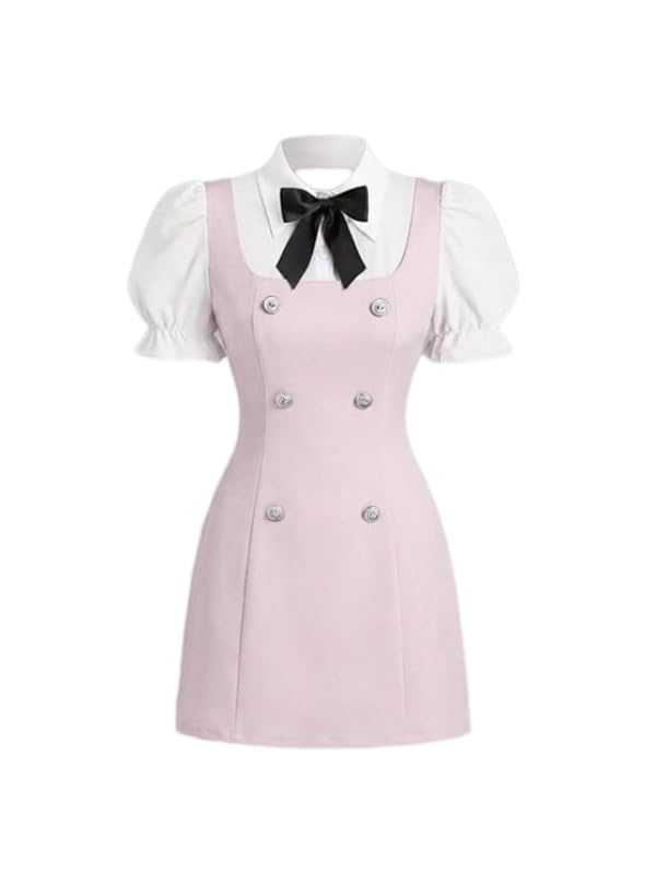 Image of Women Short Dresses 2 In 1 Colorblock Turndown Collar Lantern Sleeve Black Suit Cute Dress