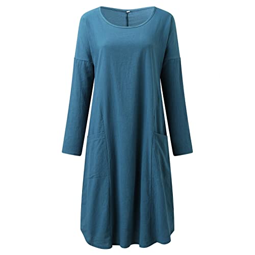 Leinenkleid Damen Sommer Langarm Leinenkleider Damen Lang V-Ausschnitt Maxikleid Baumwoll Leinen Kleid Boho Sommerkleid Strandkleid Einfarbig Locker...