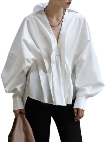 UOOZEE Womens Blouses Fashion 2024 Smocked Long Sleeve V Neck Casual Shirts Tops