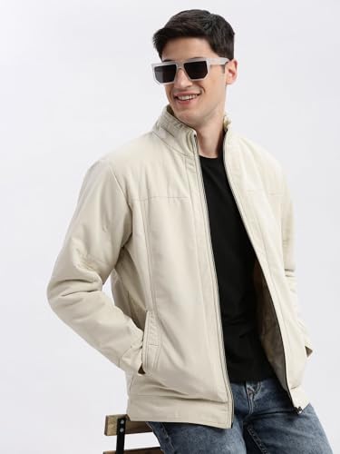 Image of SHOWOFFFF Men Solid Bomber Jacket | Mock Collar Full Sleeves Nylon Jacket for Mens | Slim Fit Regular Length Jacket for Men's