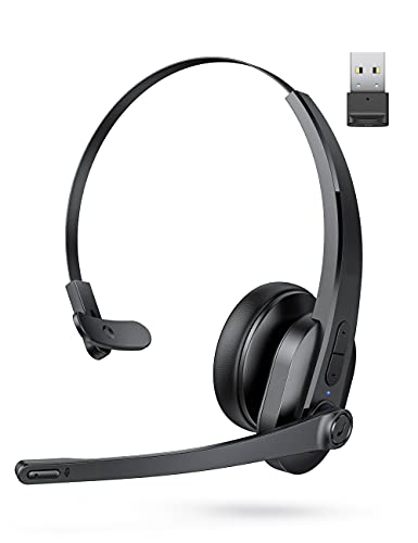 Wireless Headset with Microphone, Mute Button, Noise Cancelling Mic, On Ear Headphone Bluetooth 5.0 34H with USB Adapter for PC, Trucker, Home, Office, Online Class, Call Center, Skype Zoom