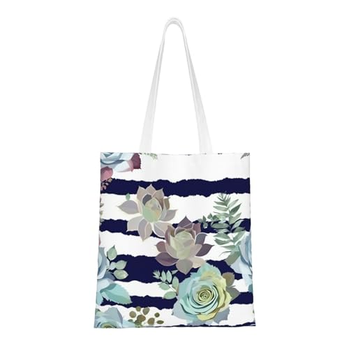 Striped Succulents Print Polyester Canvas Tote Bag, Shopping Bag With Reinforced Handles, Reusable