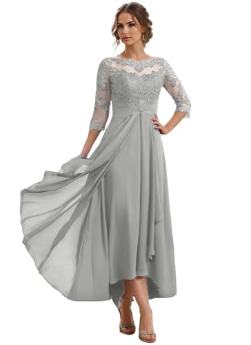 Tea Length Mother of The Bride Dresses for Women 3/4 Sleeve Formal Ruffled Chiffon Lace Appliques Wedding Guest Dress