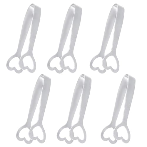 6 Pcs Sweet Mini Serving Tongs, Stainless Steel, Sugar & Ice Tongs, Heart Shaped, Silver, Small, For Food & Sweets, Tea & Coffee, Bread & Cake, Kitchen & Bar, Wedding & Party