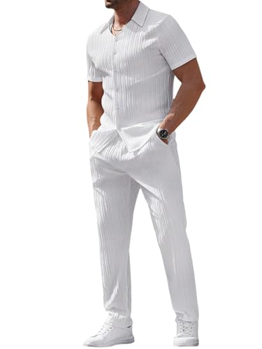 SOLY HUX Men's Summer 2 Piece Suit Set Button Down Shirt and Pants Outfits Golf Outdoor Clothes Plain White Medium