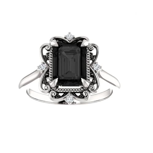 925 Sterling Silver White Gold Finish 2.6 Ct Emerald Cut Onyx Black Diamond Vintage Halo Engagement Wedding Ring For Womens2