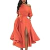 Women’s Elegant Off Shoulder Short Sleeve Belted Side Slit Cocktail Party Swing Dress with Pockets