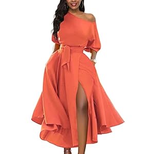 Women’s Elegant Off Shoulder Short Sleeve Belted Side Slit Cocktail Party Swing Dress with Pockets