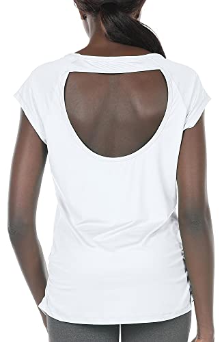 Icyzone T-shirt de sport à manches courtes pour femmes - T-shirt de course sans dos - Fitness - Haut pour le gym et le yoga, Blanc., L