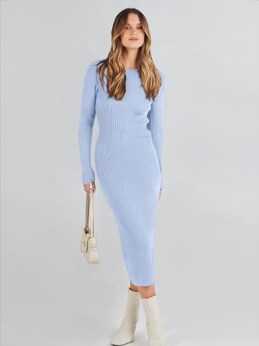 Image of ANRABESS Women Long Sleeve Sweater Dress Crewneck Bodycon Stretch Slim Fit Ribbed Knit Midi Dresses 2025 Fall Trendy Outfits Blue X-Large