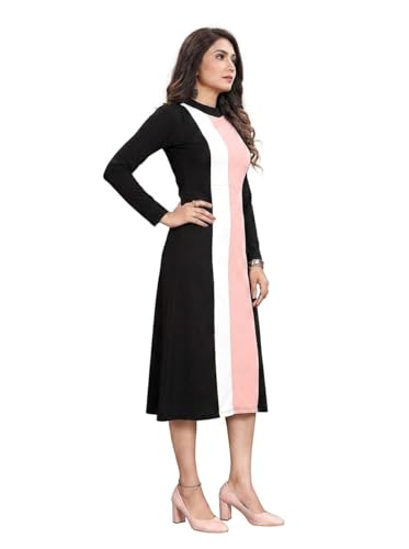 Image of LONDON BELLY Women's Poly Cotton Maxi Dress with 3 /4 Sleeves Round Boat Neck Striped Pattern Regular Fit and Calf Length | Womens Maxi Dress Cotton | Stylish Trending Dresses for Woman