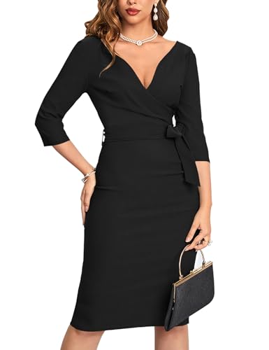 MUXXN Women's Vintage Faux Wrap V Neck 3/4 Sleeve Formal Classic Party Work Dress with Belt - Image 4