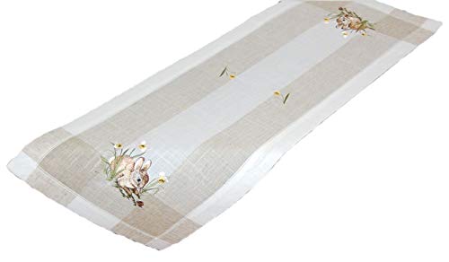 Table Runner Ecru / Beige / Colourful Embroidery "Rabbit" Linen Look (40/140), Natural Beige Mottled, Off-white, Brown, Multi-coloured