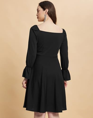 Image of SIRIL Women's Full Sleeve Polyester Solid Fit & Flare Dress, One Piece Dress for Women