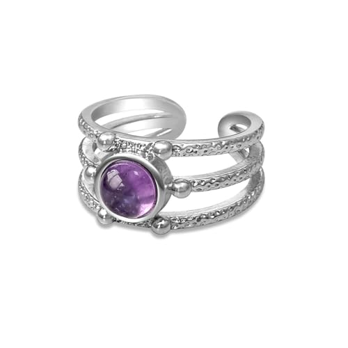 Ladywowu Amethyst Ring, Vintage Purple Rings for Women, Silver Tone Adjustable Crystal Rings for Women, Unisex February Birthstone Ring for Men (Amethyst)