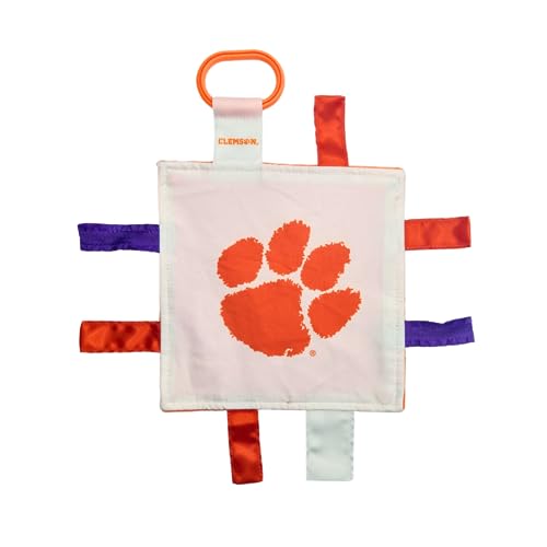 Image of The Learning Lovey Clemson University Baby Tag Toy - College Baby Sensory Crinkle Toys - Soft & Safe - Ideal Baby Stroller Toy - BPA Free w /Stroller Clip (8 inch x 8 inch Tag Toy)