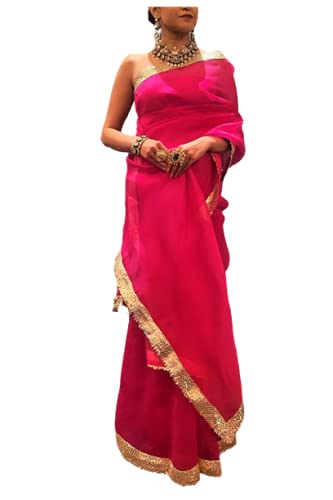 Pink Beauty Women's Georgette Fuchsia Pink Gotta lace Saree with un stitched blouse.