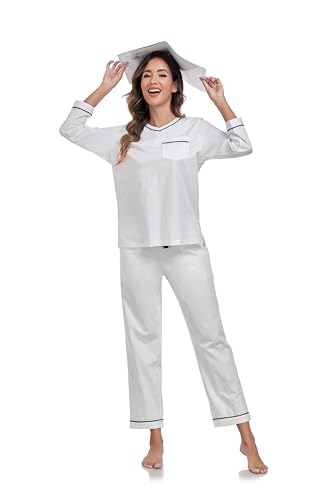 Image of COLORFULLEAF 100% Cotton Pajama Set for Women Long Sleeve Sleepwear with Pants Soft Comfy Two-Piece Pjs with Pockets
