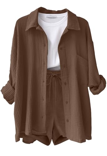 Yutdeng Conjunto Mujer Dos Piezas Casual Lino Traje de Verano Ligero 2 Piezas Conjuntos Chándal Blusa Manga Larga Pantalones Cortos Ropa de Playa Vacaciones Deportivo Casa Trabajo Loungewear Elegante