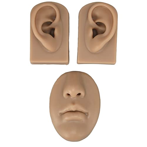 Kufoo Soft Silicone Ear Nose Mouth for Practicing Suture, 3D Silicone Flexible Face Silicone Model for Nose Earrings Display, Rubber Piercing Practice Tool for Teaching Instructions (Deep Skin Color)