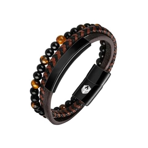 Leather Bracelet, New Mens Braided Bracelet Bead with Lava and Onyx Bead, Cuff Bracelets for men, Cowhide Braided bangle, punk wristband, with Stainless Steel Magnetic Clasp Gift for Men Him Cover