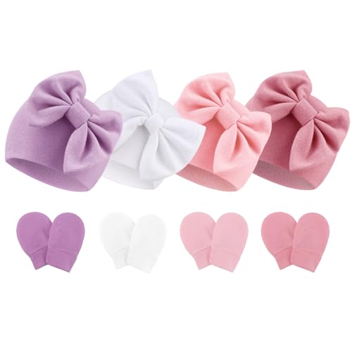 Image of BQUBO Newborn Baby Hats Mittens Set Hospital Hat Beanie Infant Bow Hats Baby Gloves No Scratch Mittens for 0-6 Months