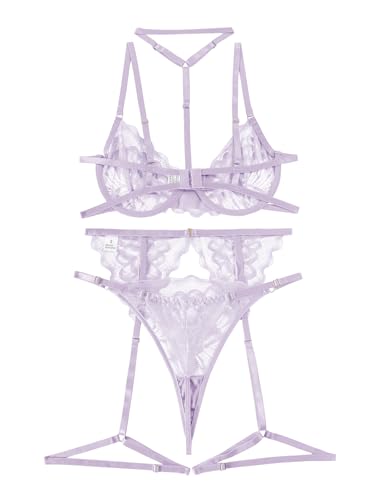 Image of Lilosy Sexy Choker Floral Lace Scallop Sheer Underwire Push Up Garter Belt Lingerie Set 3 Piece