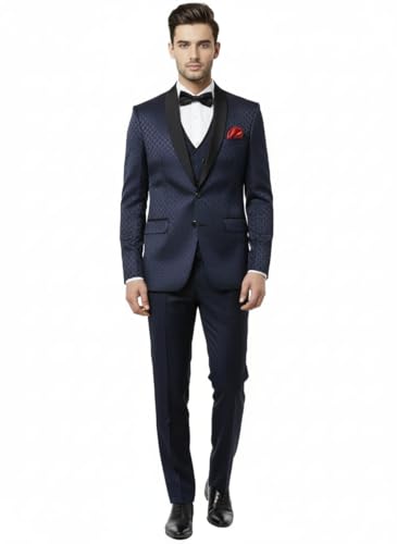 Image of Men's Navy Blue Jacquard Tuxedo Suit with Black Shawl Lapel, 3-Piece Formal Wedding Ensemble, Red Pocket Square