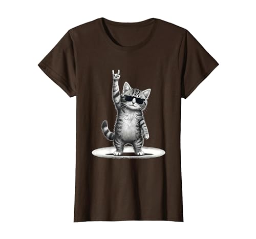 Image of Kitten Rocking Cat Rockfist Guitarist Rocker Pose Cool T-Shirt, Women, Brown, X-Large