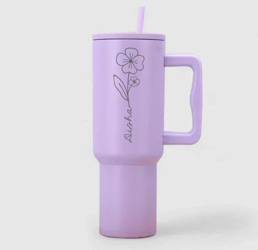 Image of Personalised with Your Name, 1200ml Tumbler with Straw-Handle-Stainless Steel Double Wall Insulated Cup | Leakproof Sipper Mug for Hot-Cold Drinks |Coffee - WaterTumbler(Purple Personalised)