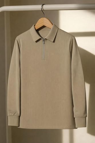 Image of Mack Jonney Men's Premium Ribbed Half-Zip Polo T-Shirt | Long Sleeve Soft Stretch Fabric | Stylish Casual & Smart Wear Top-M6814