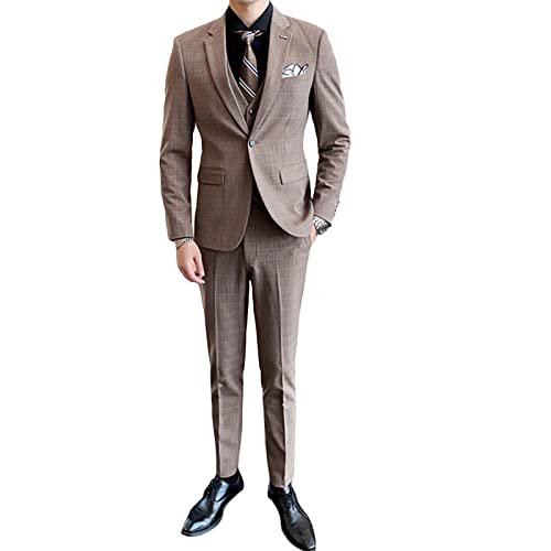 Men's Plaid 3 Pieces Tuxedo Suit Checked Slim Fit One Button Blazer Set Striped Formal Jacket Vest & Pants (Brown,4X-Large)