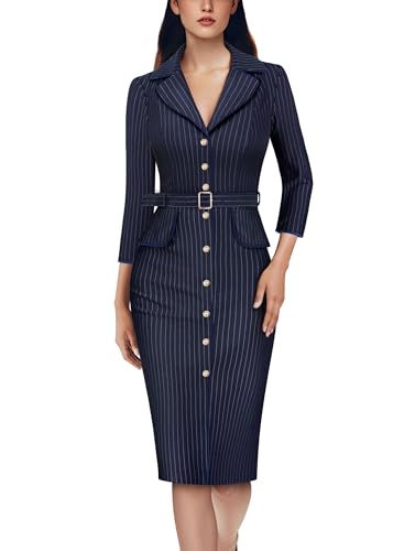 VFSHOW Womens Work Business Casual Office 3/4 Sleeve Belted Elegant Lapel V Neck Buttons Fitted Pencil Sheath Dress