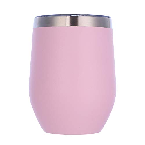 Gteller 12 oz bicchiere di vino in acciaio inossidabile senza stelo con coperchio, doppia parete isolato tazza da viaggio perfetto per vino, caffè, bevande, champagne, cocktail (rosa)