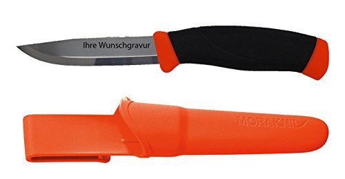 Mora-Messer, Companion, rostfreier Sandvik-Stahl 12C27, zweifarbiger Griff, neonfarbene Scheide mit Gürtelclip, mit Namensgravur
